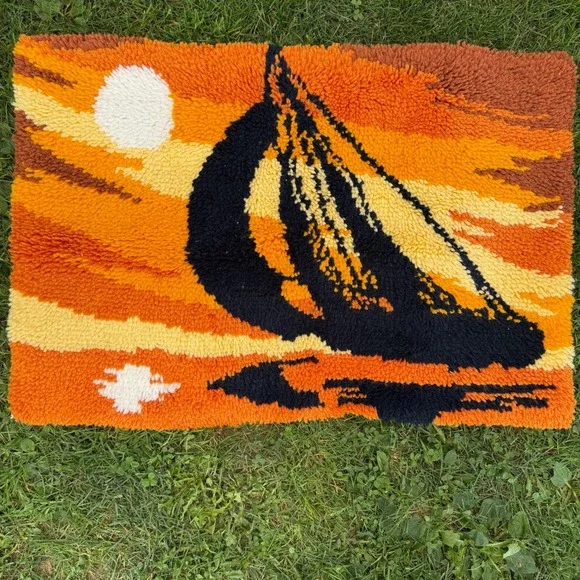Vintage Latch Hook‎ Rug 35x24 Orange Sailboat Sunset Retro 70s Wall Hanging
