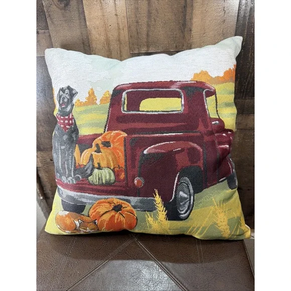 Fall Tapestry Throw Pillow 17x17 Autumn Harvest Red Truck Pumpkins Black Dog Cat