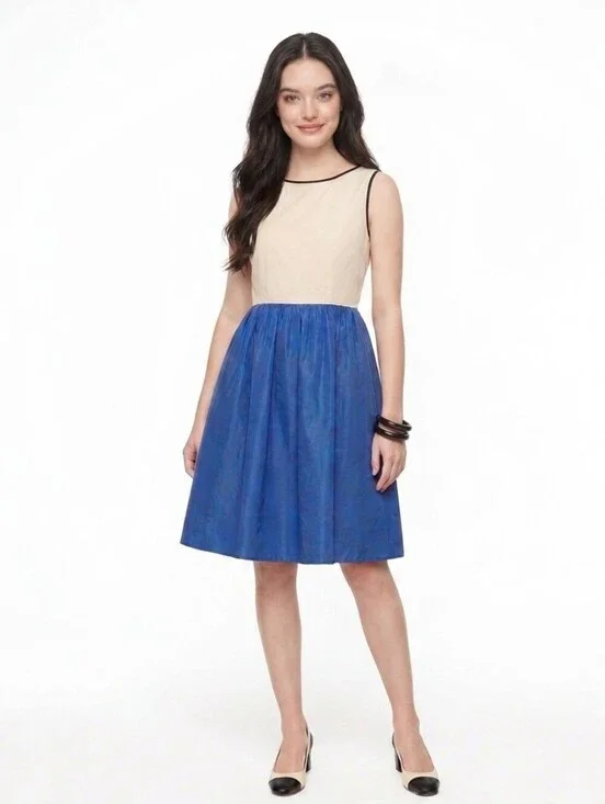 Kate Spade New York Cotton Colorblock Fit Flare Cream Blue Dress - 0 - See Note