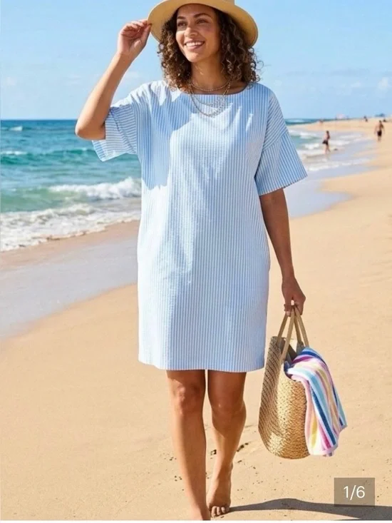 LA RELAXED Paradise Light Aqua Striped Women’s Beach Cover-Up Dress