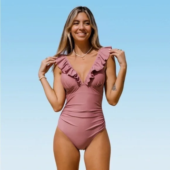 Women's Ruffled Lace Up One Piece Swimsuit --xl Pink
