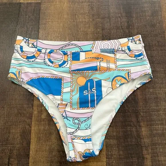 Solid & Striped Bikini Bottoms Medium Nautical Print High Waist Swim