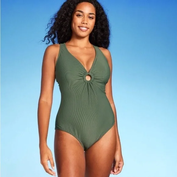Ribbed Plunge Ring Detail Swimsuit Dark Green Adjustable Straps, Crisscross Back