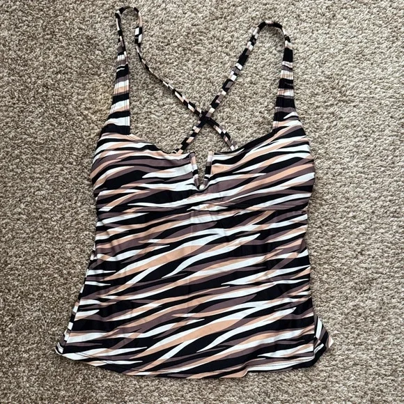 Striped Women's Top - Black, White, Tan swim tankini size large 🆕