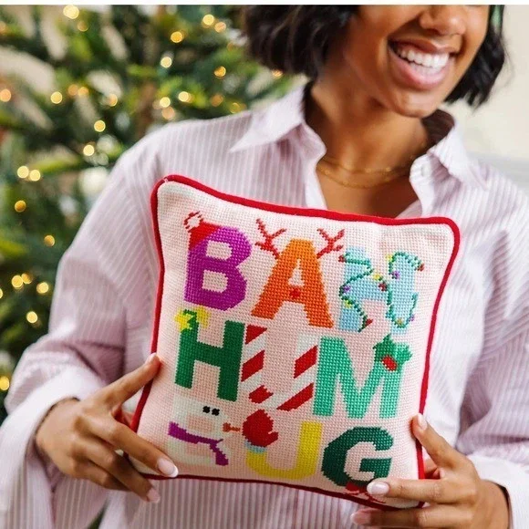 Fun Christmas Needlepoint Pillow Baa Humbug Kitchy Whimsical Holiday Decore NWT