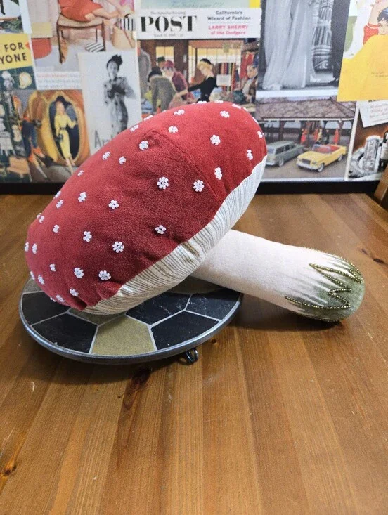 John Derian Red & White Mushroom Plush Decorative Beaded Throw Pillow Fall Decor