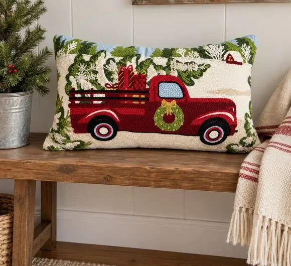 Christmas Red Truck Wreath Gifts Hooked Decorative Pillow 21x14 Comet & Cupid