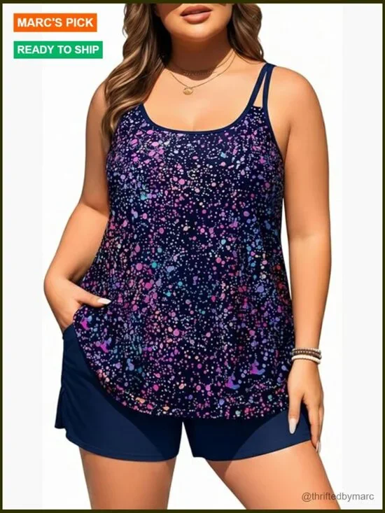 Plus Size Tankini Set with Shorts - Flowy Two Piece Swimsuit Bathing Suits