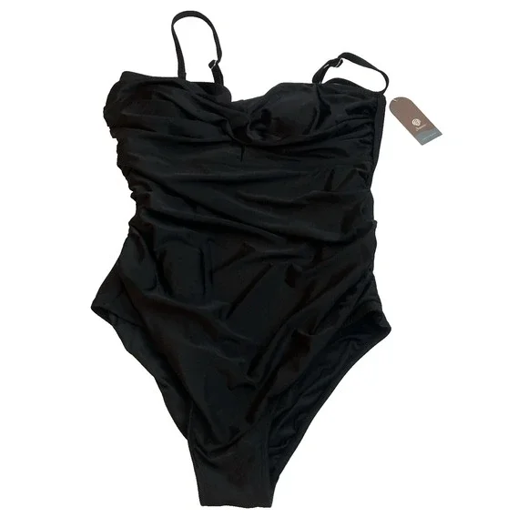 Smismivo One Piece Swimsuit Black Ruched Adjustable Straps Women's XL