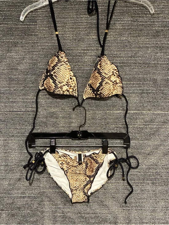 VIX Snake-Print Triangle Bikini Set in Tan and Black Sz Top L, Sz Bottom M