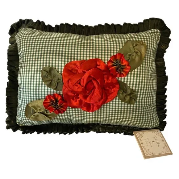 Green Satin‎ Gingham Pillow Red Floral Ribbon Embroidery Floral Rhein Silvestri