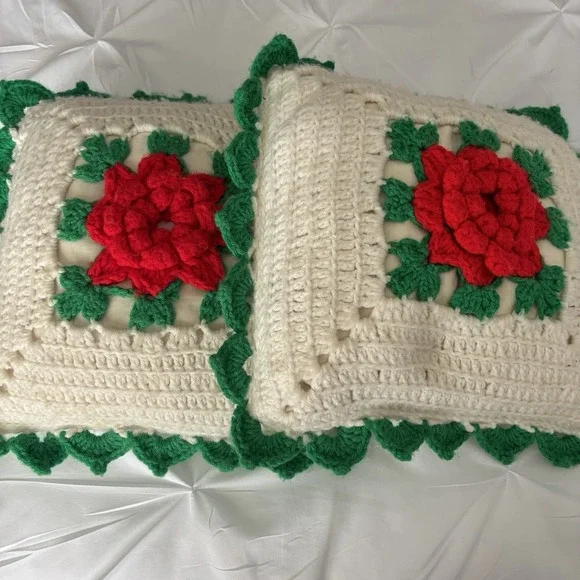 Vintage, Handcrafted set of 2 Square Crochet Flower Christmas Pillows 16