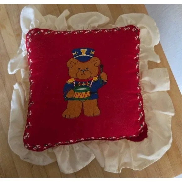 VTG 80's Cranston VIB Christmas Teddy‎ Bear Soldier Ruffled Pillow Cottagecore