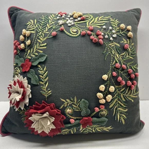 Devi Designs 18x18 Embroidered Floral Throw Pillow Beaded 3D Flowers Boho