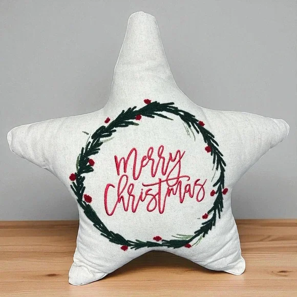Merry Christmas‎ Embroidered Holly Wreath Star Shaped Holiday Pillow