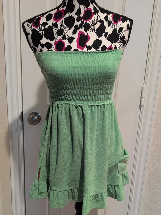 Vintage Y2K Apple Bottoms Terry Cloth Green Smocked Romper Dress NWT Small