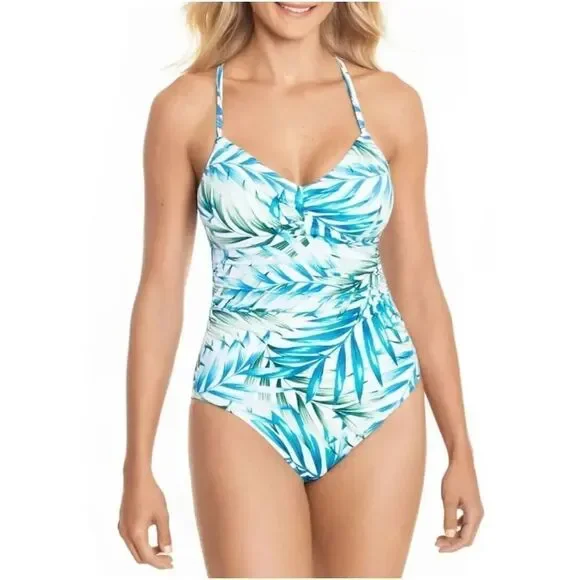 Time and Tru Women's Flower Frenzy One Piece Swimsuit Tropical Leaf Pattern Whit