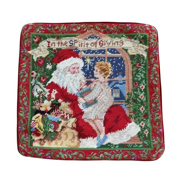 Vintage Santa Spirit of Giving Needlepoint Christmas Pillow Cover‎ Red Velvet