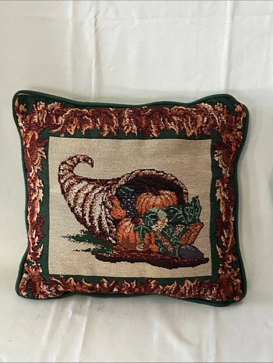 Autumn Tapestry Cornucopia Decorative Pillow - Greens, Oranges, Browns 10”x10