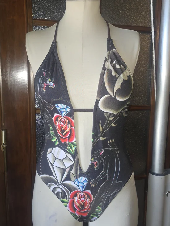 Christian Audigier Black One-Piece Swimsuit with Red Roses and Blue Gems