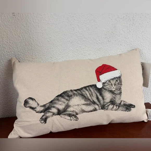 Eric & Christopher Christmas Cat Holiday Pillow‎ with Red Santa Hat NWT