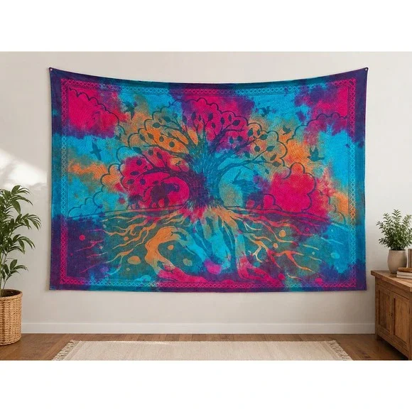 Lakhays Tapestry 84x48 Multicolor Tie‎ Dye Tree of Life Elephant Boho Wall Decor