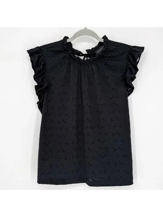 Laundry by Shelli Segal Black Eyelet Ruffle Sleeve Blouse Tie Neck Keyhole WMN-M
