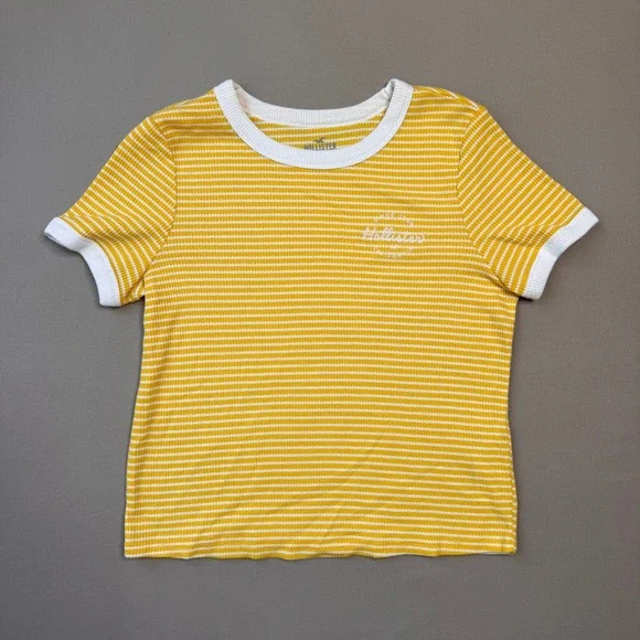 Hollister Slim Tee Yellow White Striped Waffle Knit Ringer T-Shirt Large
