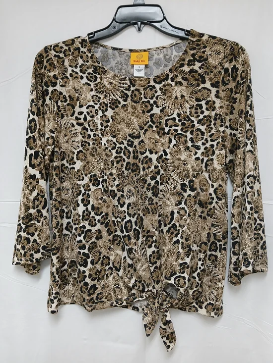 Ruby Rd. Leopard Print Tie-Front Long Sleeve Top in Tan and Black