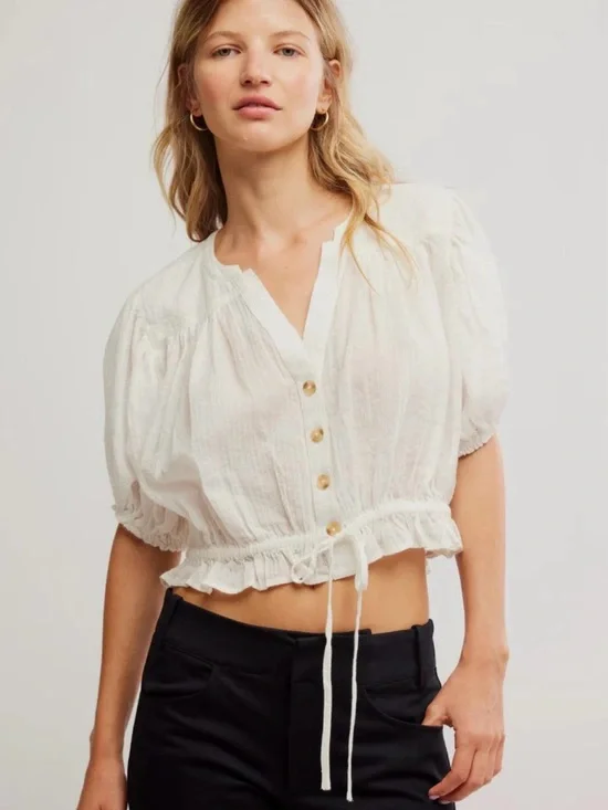 Free People Little Cloud Shirt Clean Ivory Puff Sleeve Top Size Small