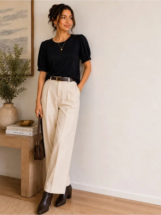 Boden Black Puff Sleeve Stretch Knit Top US 16 18 Minimalist Office Blouse‎ *