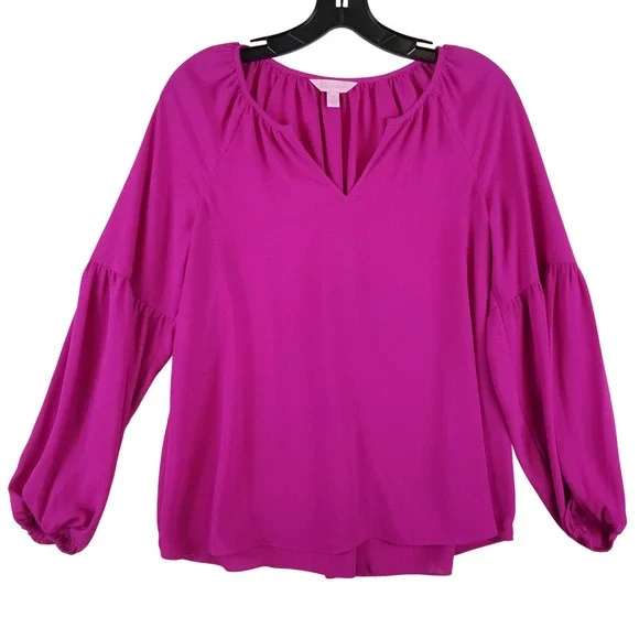 Lilly Pulitzer Magenta Pink Split Neck Puff Sleeve Blouse Womens XS 100%‎ Poly