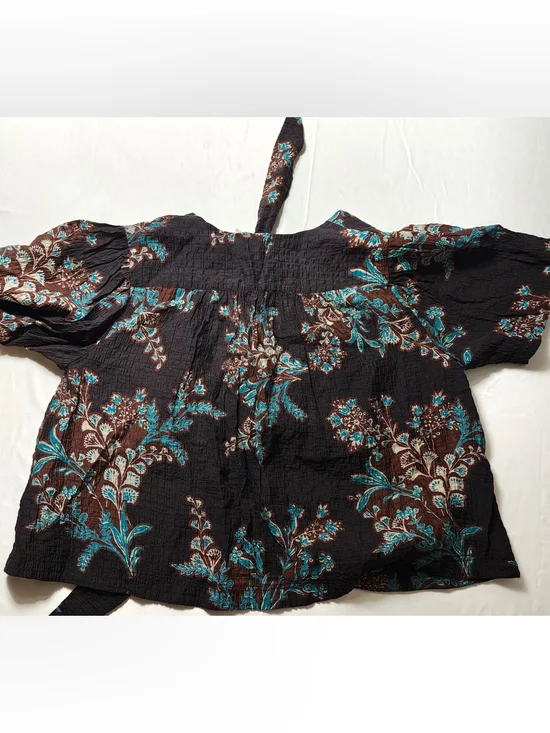 Free People Floral Crinkle Tie Front Blouse Small Brown Turquoise Boho Top