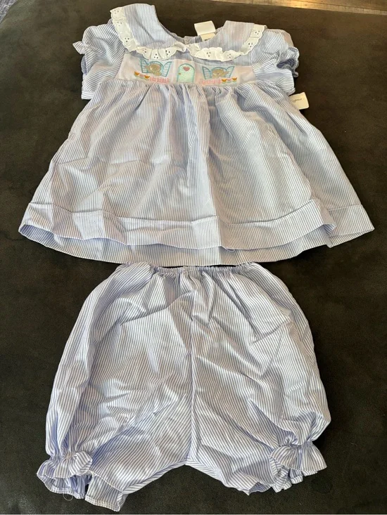Bon Bon Girls 2T Blue Stripe Embroidered Dress Bloomer Set