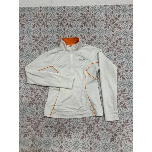 Fila Sport Womens White Orange Quarter Zip Pullover Mesh Activewear Top Small
