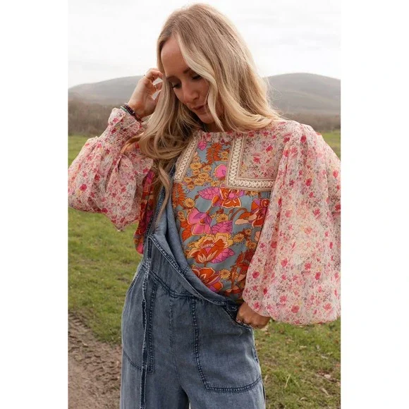 Jodifl Women Floral Patchwork Boho Babydoll Blouse Balloon Sleeve Blue Pink M