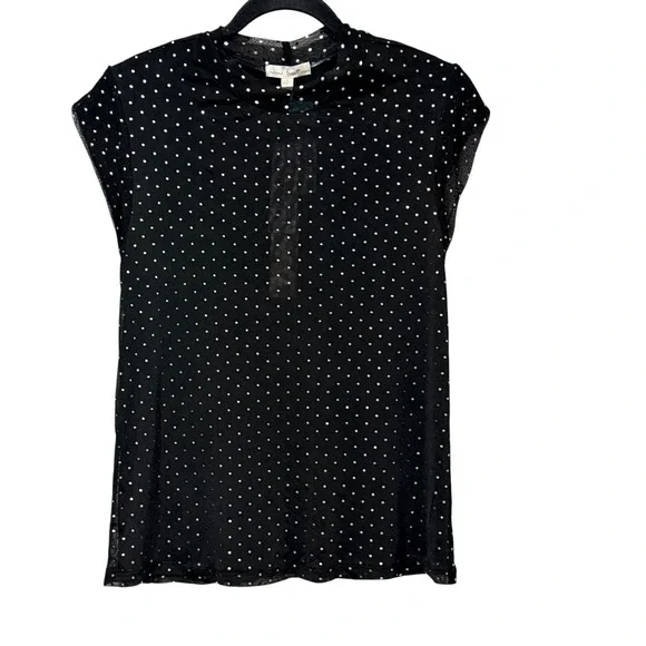 Nine Britton Womens Black Silver Foil Polka Dot Mesh Mock Neck Cap Sleeve Top S