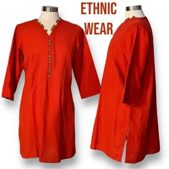 ETHNIC WEAR Women’s Tunic Top in the Size Medium in Brick Red Color