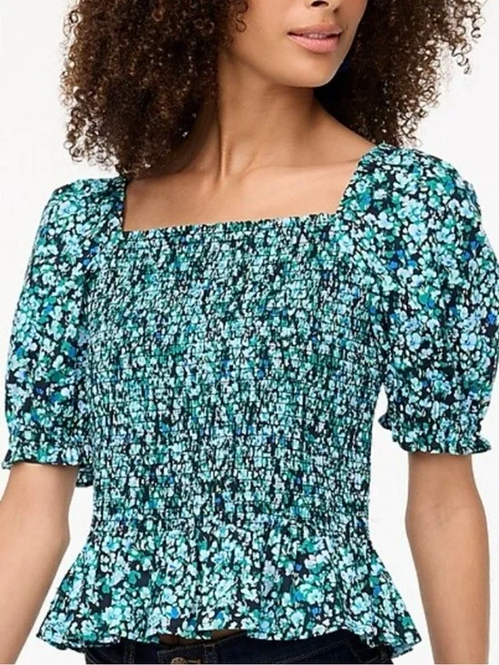 J. Crew Teal‎ and Black Smocked Square-Neck Puff Sleeve Blouse