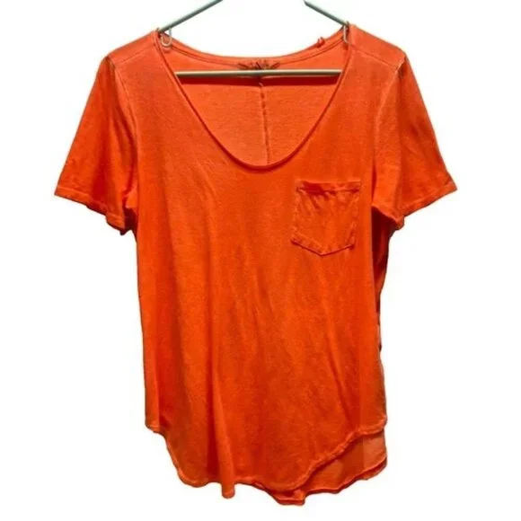Calvin Klein Women's Medium Slub T-Shirt Bright‎ Orange Short Sleeve V-Neck GUC