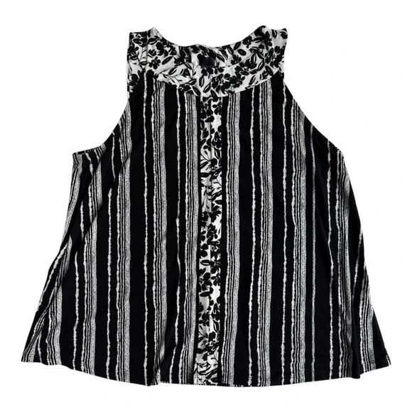 Rafaella Black‎ White Stripe Floral Mixed Media Halter Blouse Tank Top L