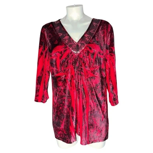 APT 9 Womens 2X Red Black Blouse Tunic V Neck Sequin Boho Dressy Top