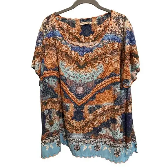 Soft Surroundings Sharron Short Sleeve‎ Papaya Blues Top Artsy Everyday Boho 2X