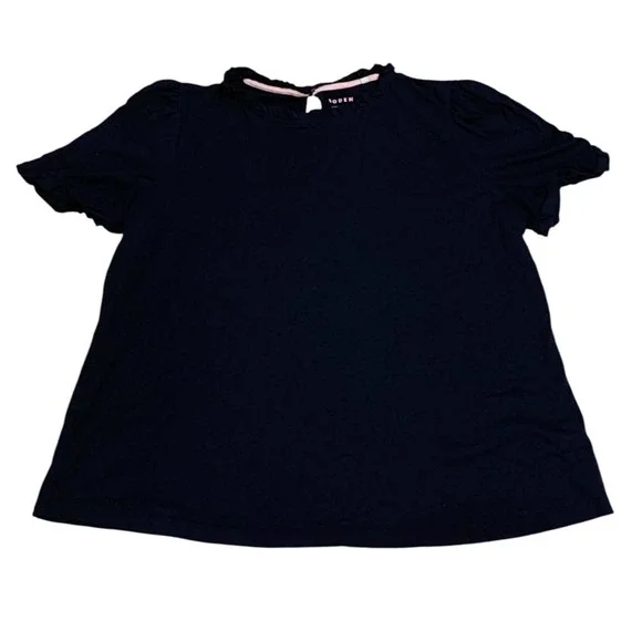 Boden Ruffle Top Womens 16/18 Navy Short Sleeve Puff Knit Dark Academia Style