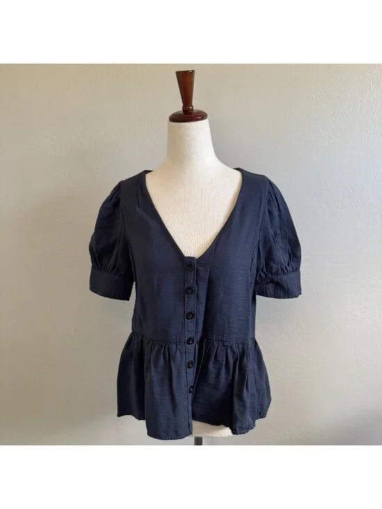 Madewell V-Neck Button-Front Peplum Top Short Puff Sleeve Blouse Blue Size S