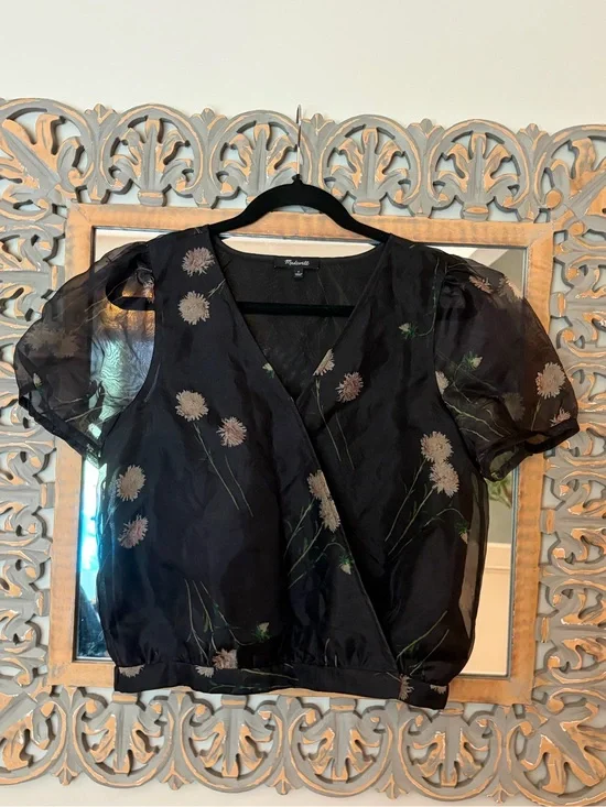 Madewell size small silk Black Floral Puff Sleeve Wrap Top
