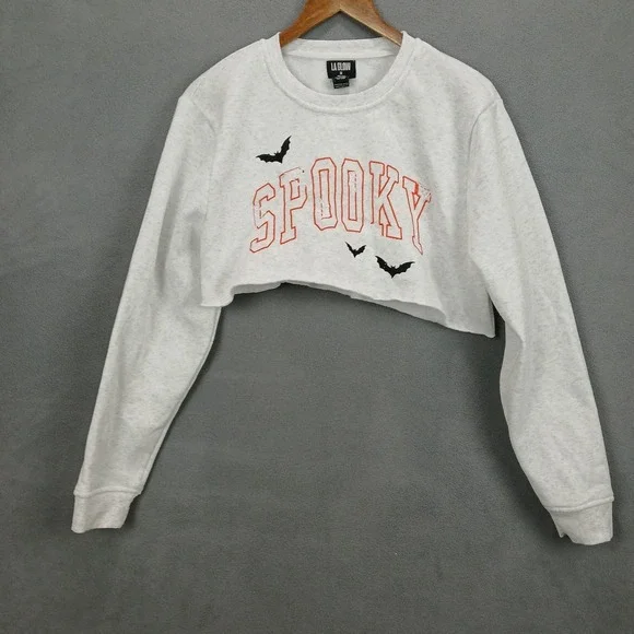 LA Glow Cropped Halloween‎ Sweatshirt Womens Medium White Spooky Fleece Lined