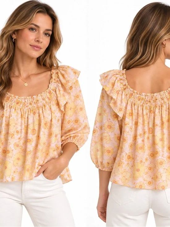 Free People Peach Floral Smocked Ruffle-Neck Blouse