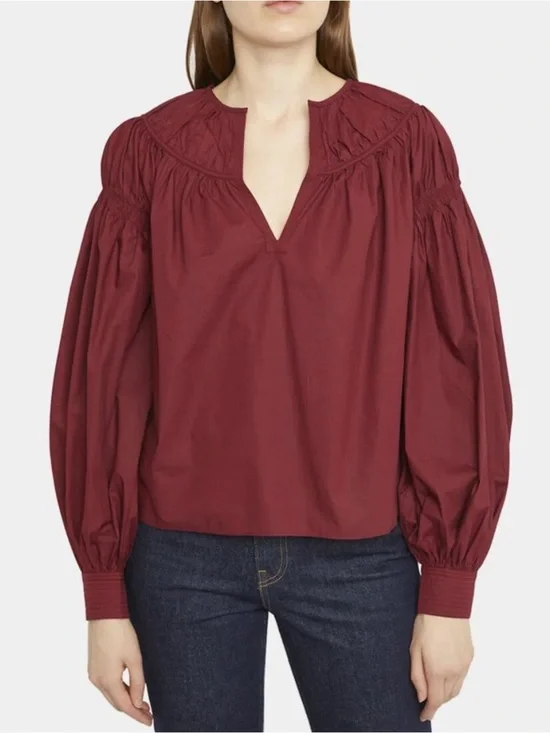 Ulla Johnson Maroon Cotton Pintuck Blouse Puff Long Sleeve Peasant Top,Sz 8 NWOT
