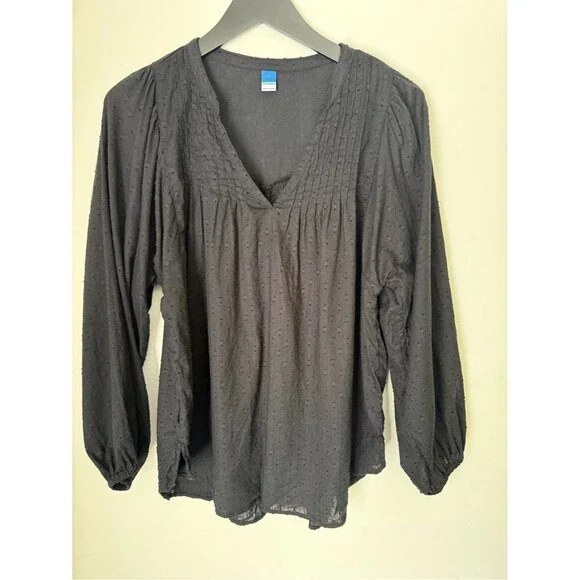 Old Navy Black Clip Dot Poet Tunic Blouse Pleated Puff Long Sleeve Top Medium